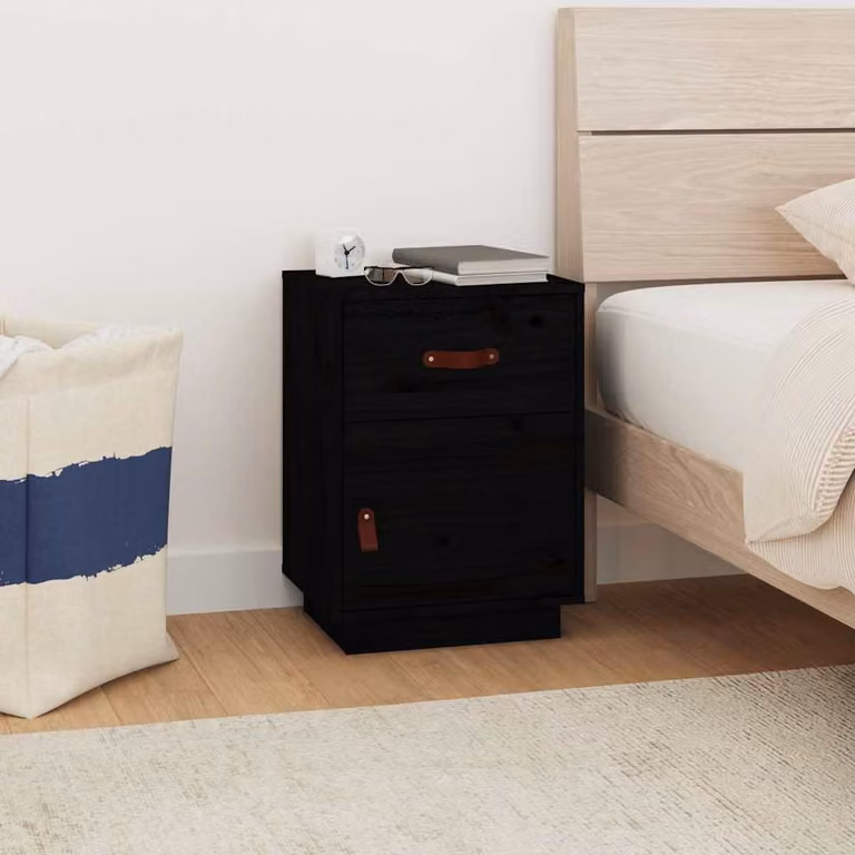 vidaXL Comodino Moderno Nero in Legno di Pino Massello L: 40 cm, P: 34 cm, H: 55 cm