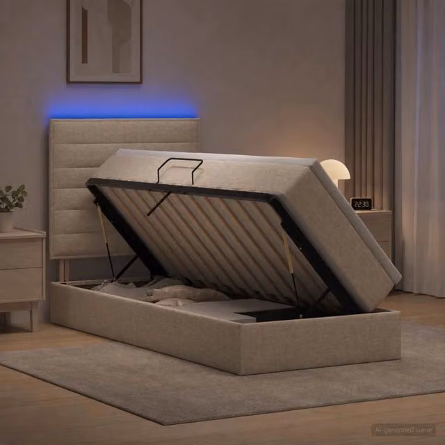 Letto con contenitore LED e materasso Crema 90 x 190 cm Tessuto 3459853