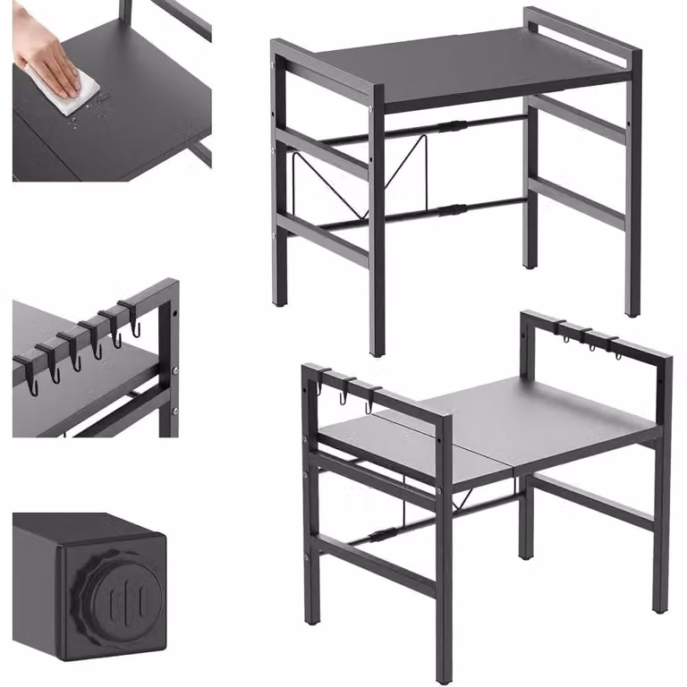 Ripiano per microonde - 2 livelli - Acciaio robusto - Regolabile - Estensibile - Organizzatore per cucina - Nero