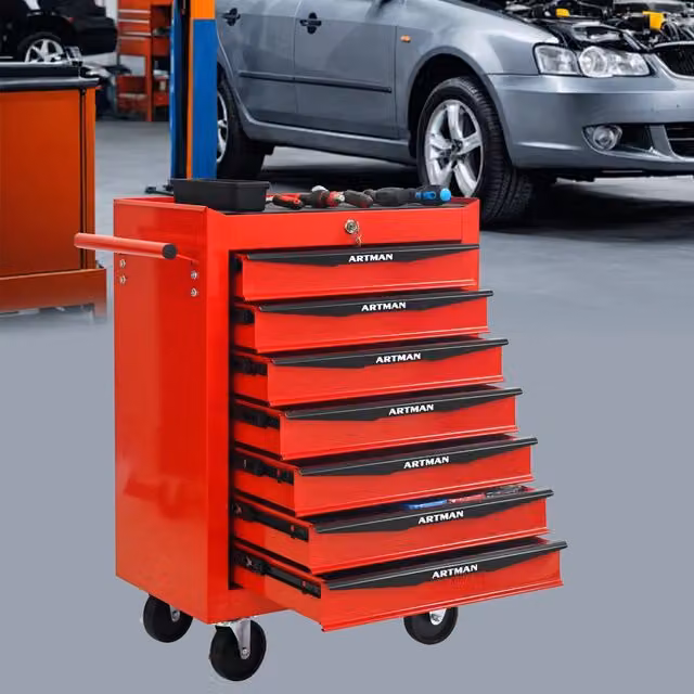 Carrello portautensili OKWISH in acciaio con 7 cassetti chiudibili e ruote, rosso nero, L: 60 cm, P: 33 cm, H: 77,5 cm – 1