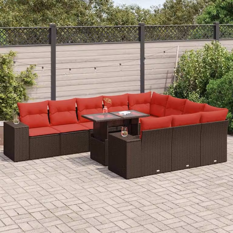Set di divani da giardino vidaXL composto da 11 pezzi con cuscini in polyrattan colore marrone acacia