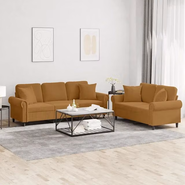 Set di 2 divani vidaXL in velluto marrone con cuscini per soggiorno in stile moderno – 1