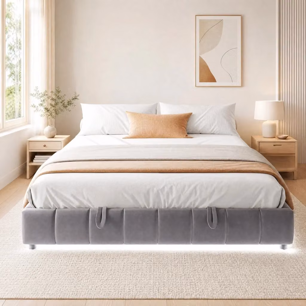 Letto contenitore Mivray in velluto grigio con sistema di sollevamento idraulico e illuminazione LED, senza testiera, L/P/H: 180 x 200 x 29,5 cm – 2