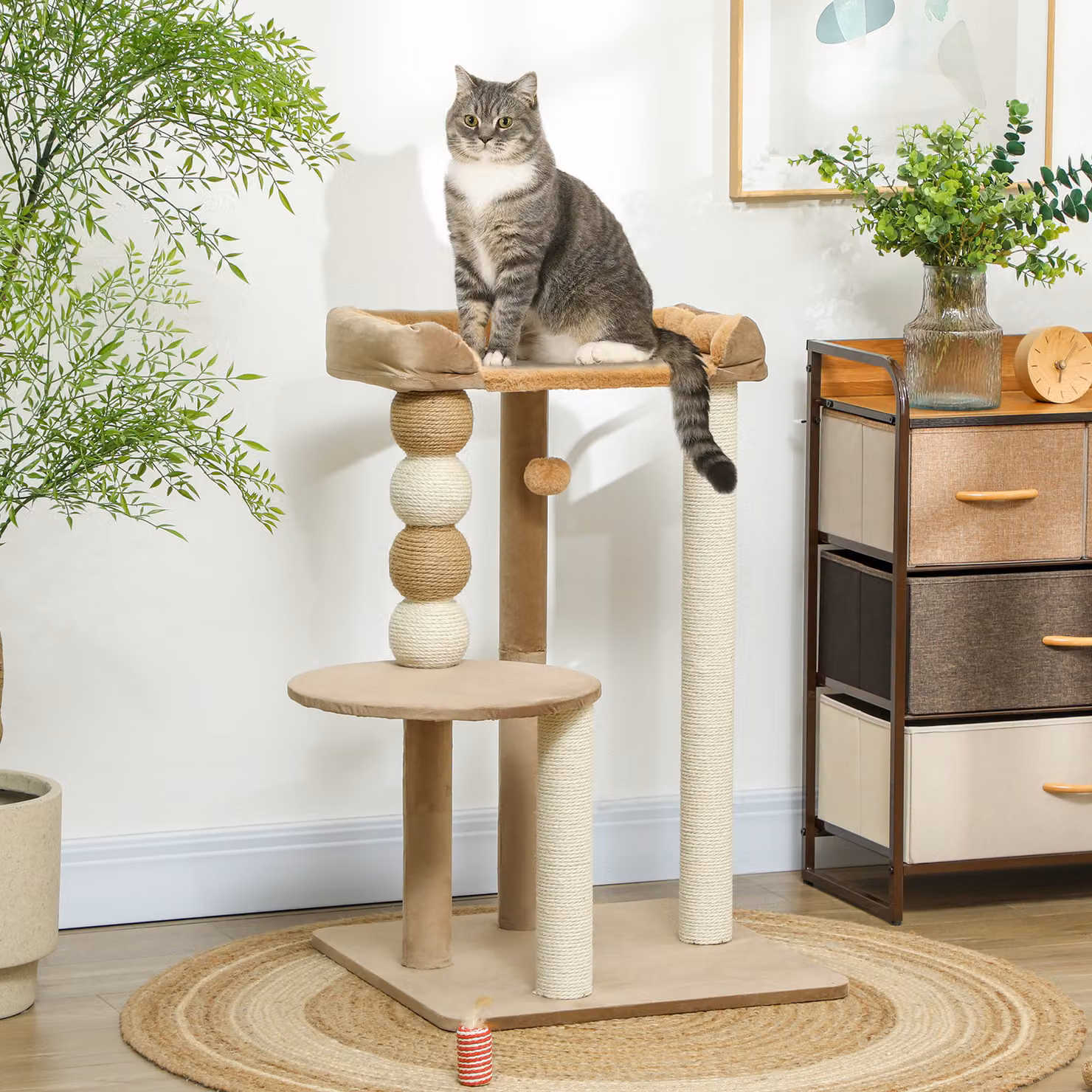 Albero Tiragraffi per Gatti PawHut con Torre per Arrampicata, Amaca e Sisal, Marrone, L 54 x P 56 x H 86 cm – 2