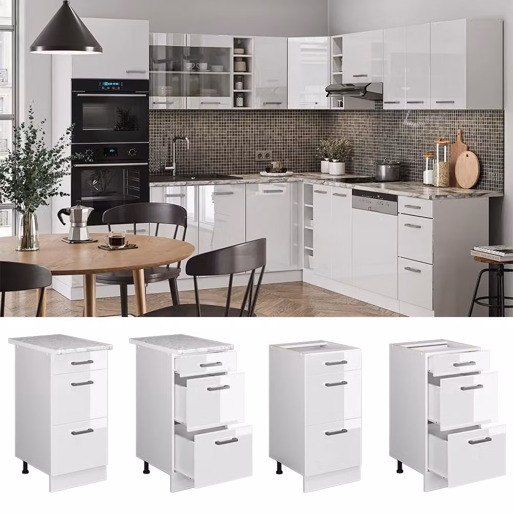 Mobiletto base per cucina Vicco R-Line Bianco lucido con cassetti e piano effetto marmo L: 40 cm, H: 81,6 cm, P: 60 cm – 2
