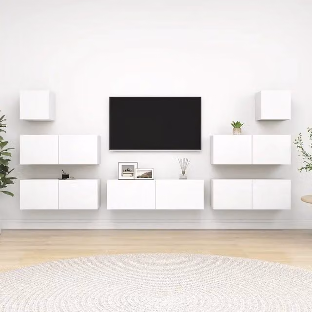 Set di mobili porta TV moderno vidaXL in legno multistrato bianco, 7 pezzi