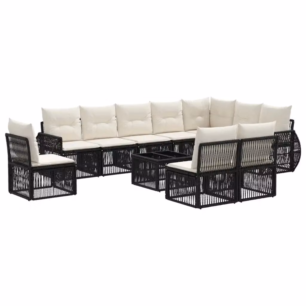 Set da giardino moderno vidaXL composto da 11 pezzi con divano a L, elementi angolari, tavolino da caffè e cuscini in tessuto nero e bianco crema con struttura in metallo e rattan – 2