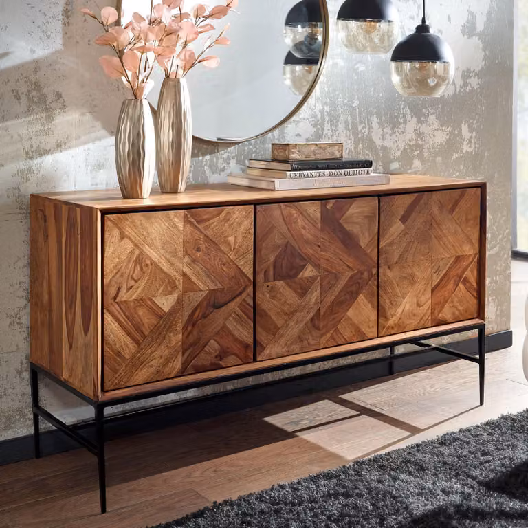 FineBuy Credenza in legno massello di sheesham 120 cm con 3 ante - Comò retrò massiccio con struttura in metallo nero - Credenza di design naturale - Artigianato industriale