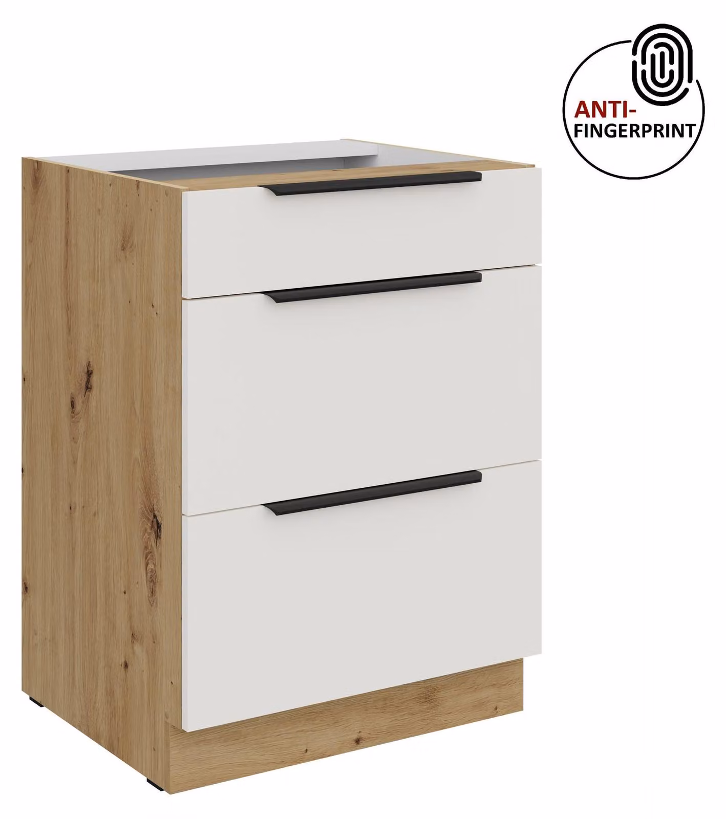 Mobile base da cucina da 60 cm, cucina ARIA bianco ultra opaco + rovere Artisan opaco, frontali di alta qualità con rivestimento anti-impronta, mobile da cucina con chiusura ammortizzata
