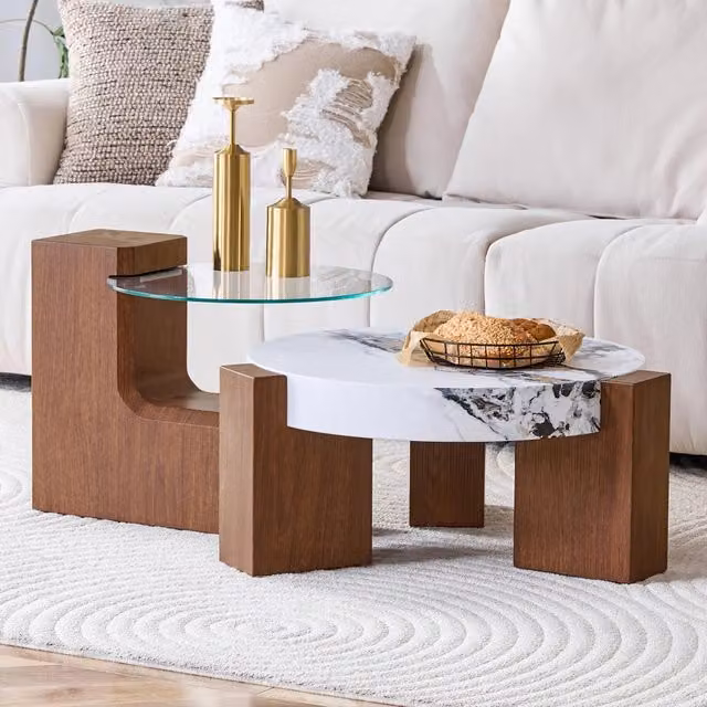 Set 2 Tavolini Divisibili, MDF Effetto Noce + Vetro di Sicurezza Trasparente 0,6 cm, Uso Come Tavolino da Caffè o 2 Tavolini Laterali per Soggiorno
