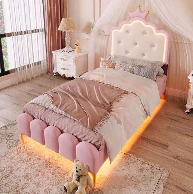 Letto singolo imbottito ULEVR 90x200 cm a forma di corona con rete a doghe, LED e telecomando, rosa
