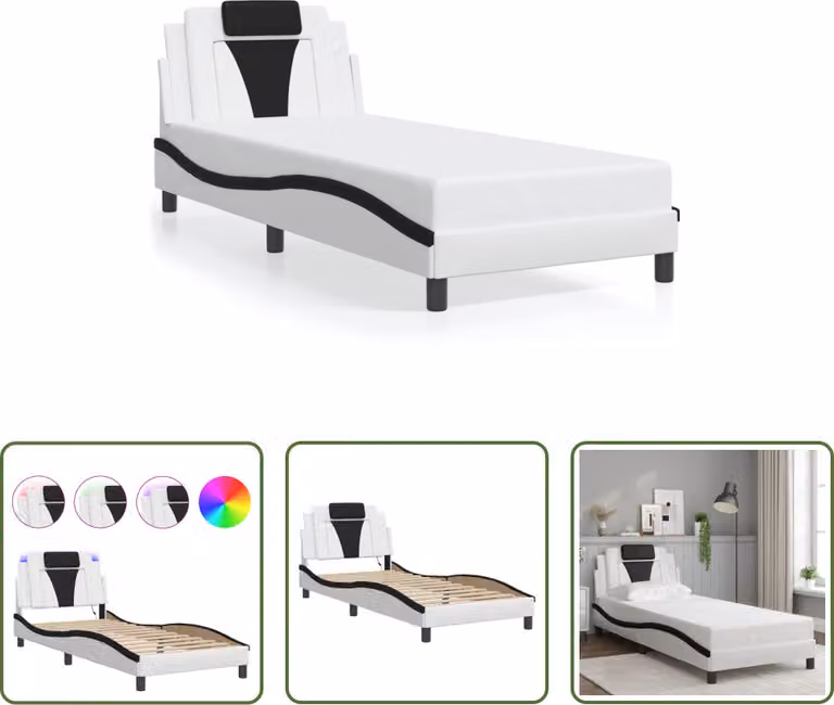 The Living Store Struttura letto con LED bianco e nero 90x200 cm in ecopelle