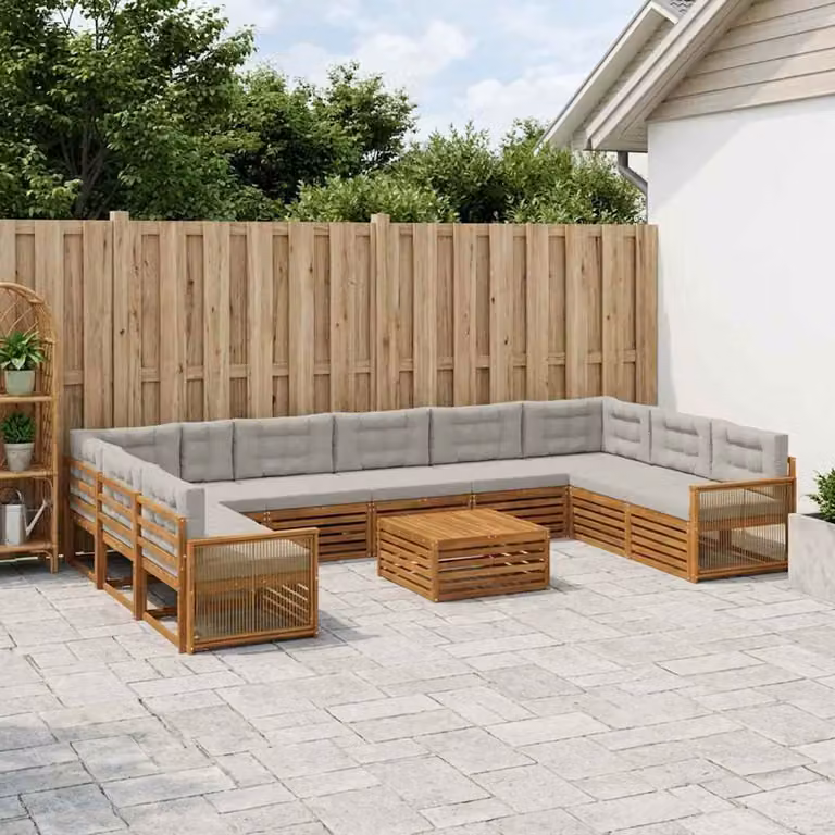 Set di divani da giardino vidaXL in legno di acacia con cuscini, 11 pezzi, beige e grigio