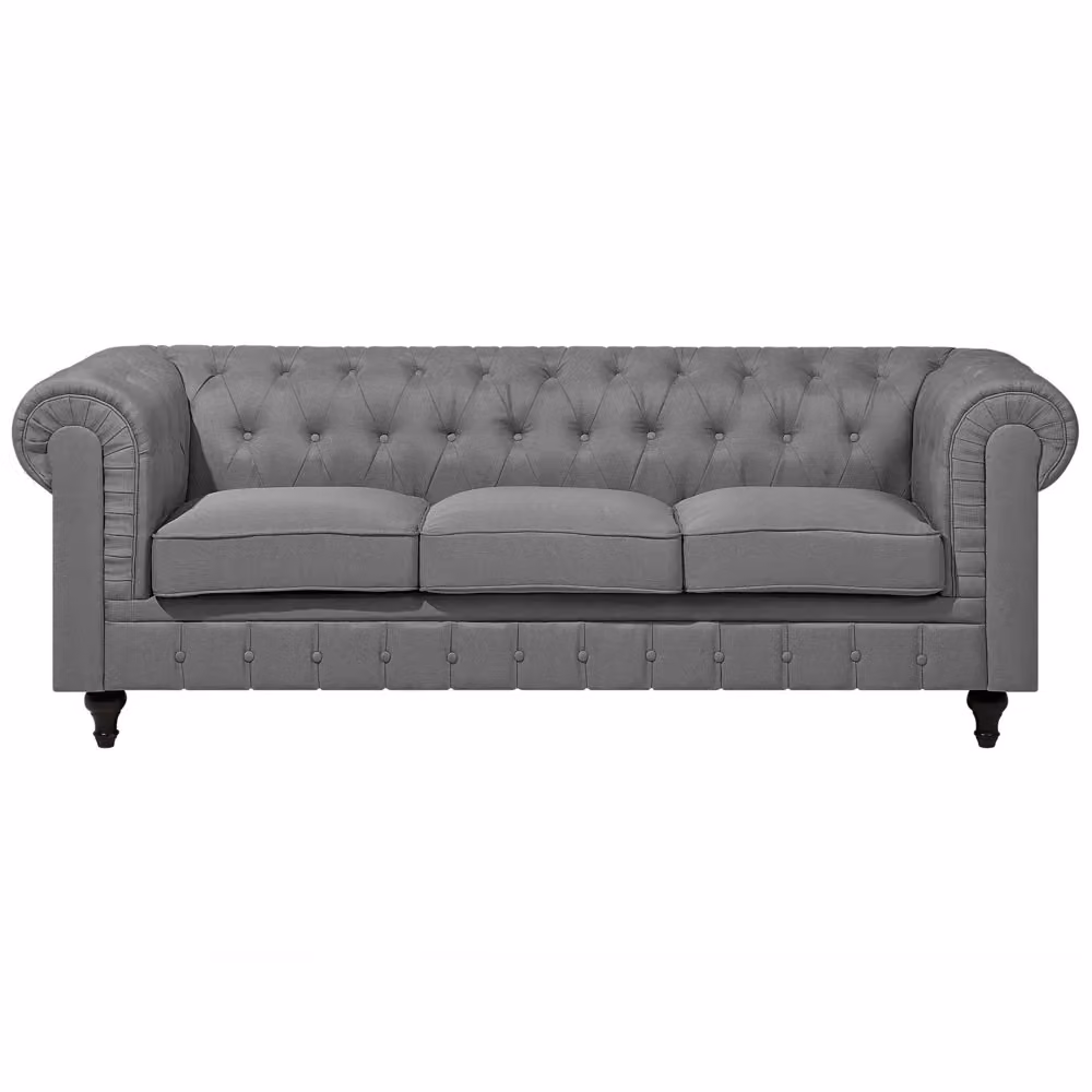 Divano Chesterfield Beliani a 3 posti in tessuto grigio con gambe in legno scuro – 2