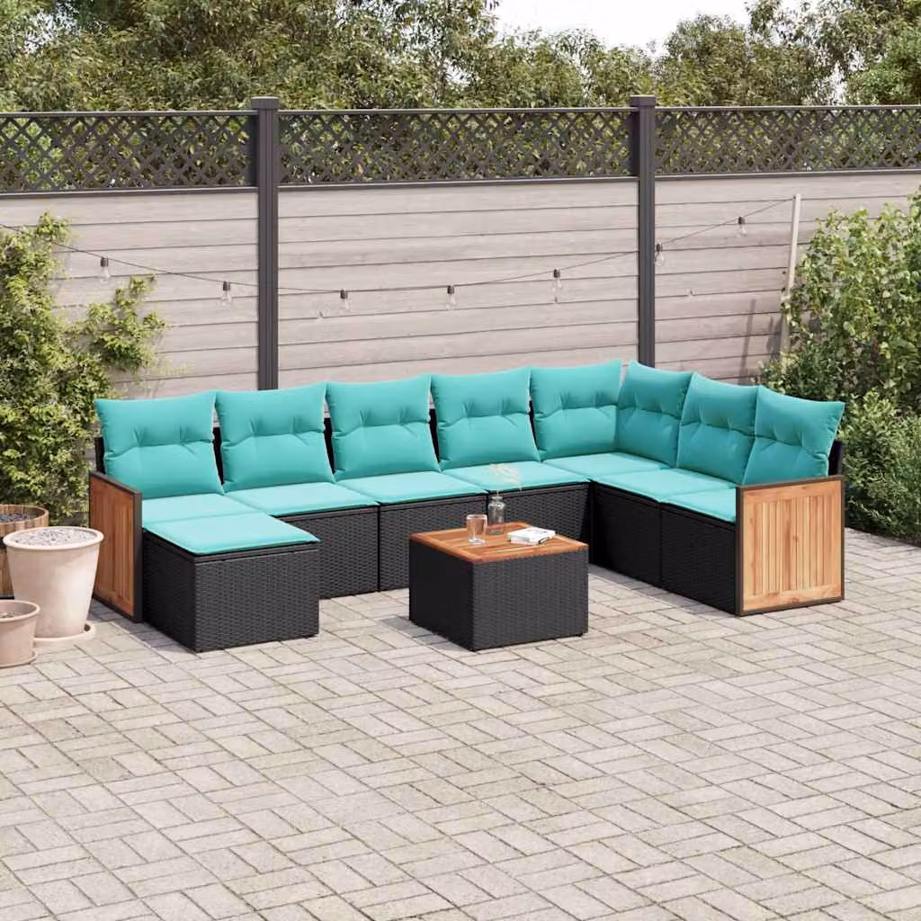 Set di divani da giardino vidaXL in polyrattan nero da 9 pezzi con cuscini e tavolino da esterno