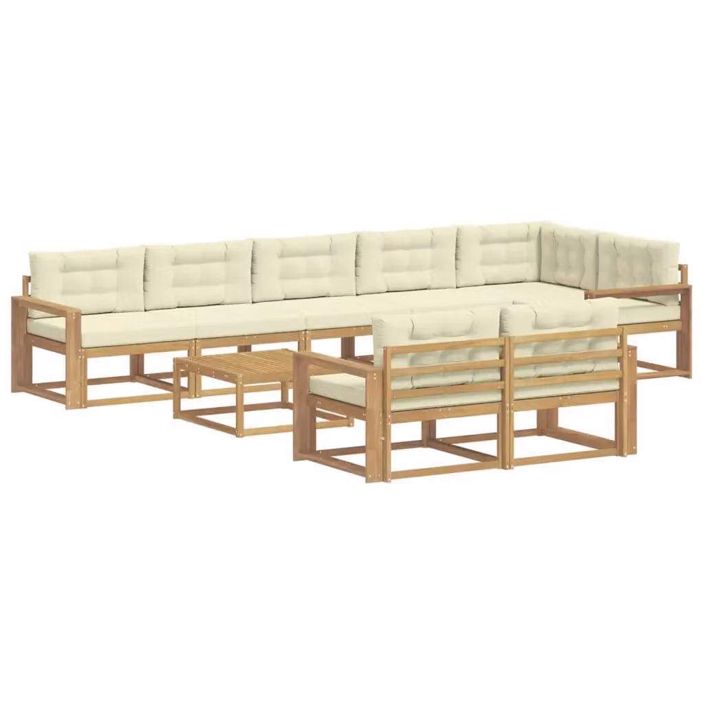Set di divani da esterno a forma di U con tavolino da giardino vidaXL, 9 pezzi, Bianco e Beige, in legno di acacia e tessuto – 2