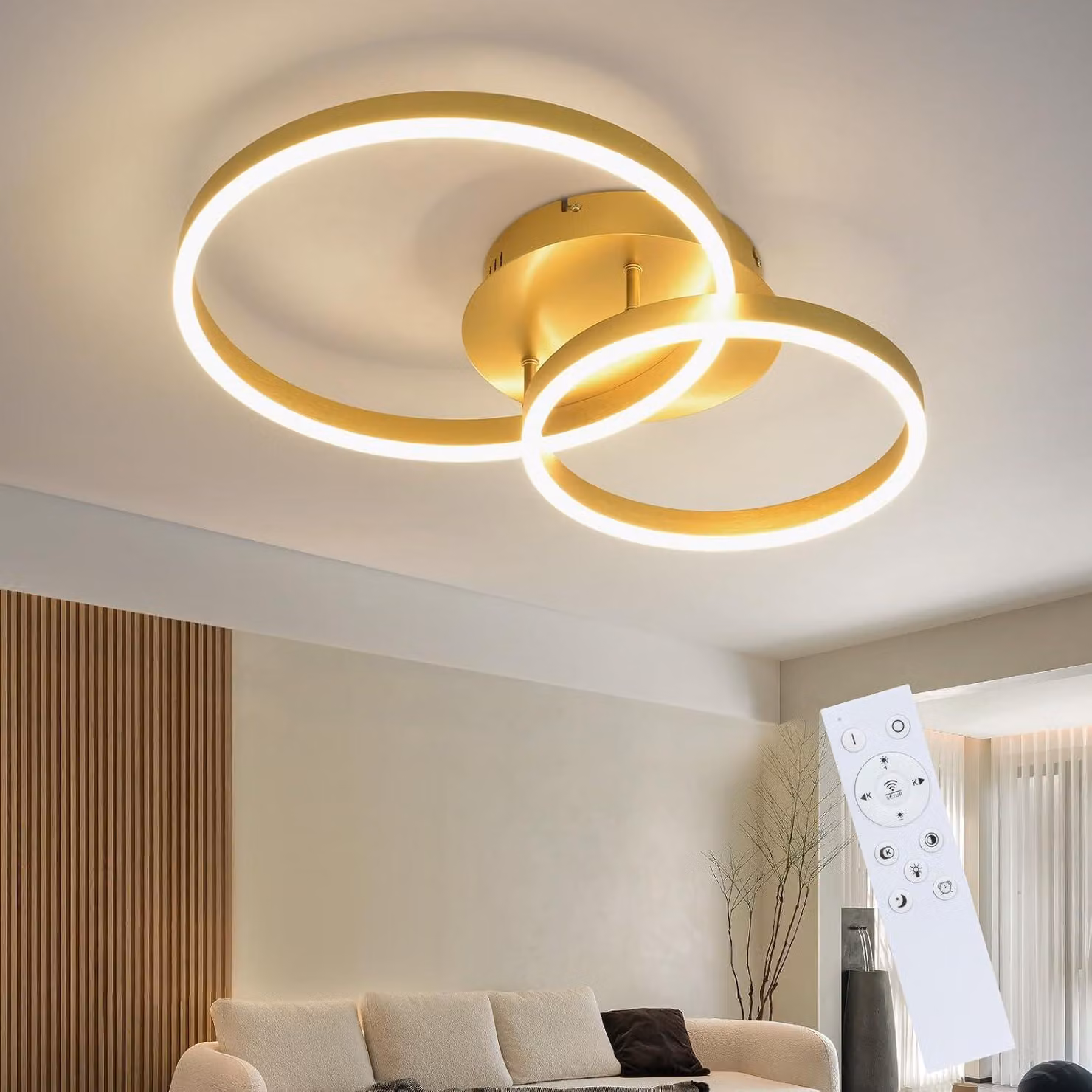 Lampada a soffitto LED ZMH, 59 cm, lampada per soggiorno, colore oro, 46W, lampada per camera da letto, dimmerabile con telecomando, plafoniera a due anelli per camera da letto