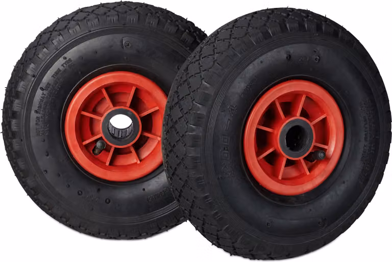 4 ruote per carrello a mano, 3.00-4, con camera d'aria, ruota di scorta con cerchione in plastica, 260x85 mm, Ø asse 25 mm, ruota completa, nero-rosso