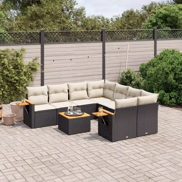 Set Divani da Giardino 9 pz con Cuscini Nero in Polyrattan 3259067
