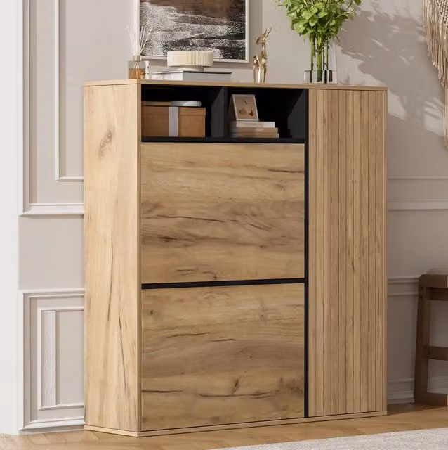 Armadio portascarpe sottile con 2 ribalte e 1 anta, ripiani regolabili, design bicolore nero e legno, 90x24x94 cm