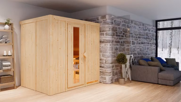 Sauna Bodin: senza luminosa sul tetto: stufa da 9 kW con controllo integrato. Porta in legno isolata. luminosa sul tetto: assente. Stufa per sauna: 9 kW con controllo integrato. Porta per sauna: porta in legno isolata