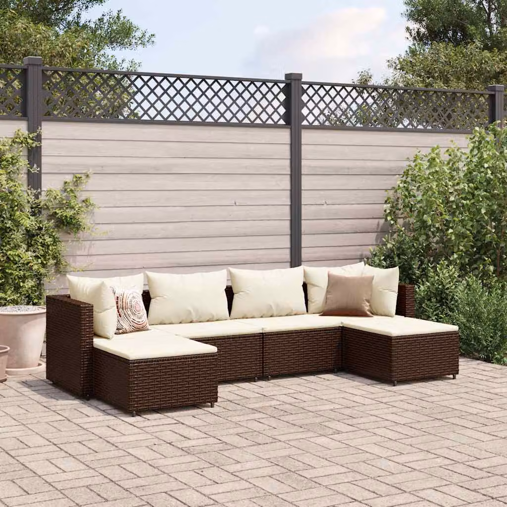 Set di mobili da giardino vidaXL in rattan marrone e bianco con 6 pezzi, divano ad angolo a forma di L, pouf e cuscini inclusi – 1