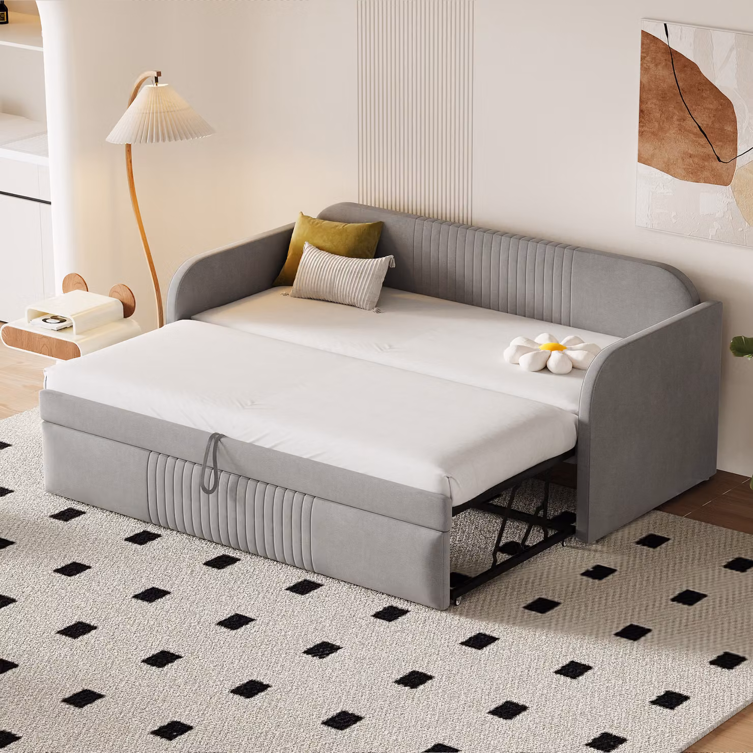 Merax day bed 90x190cm/180x190cm letto estraibile, divano letto allungabile con rete a doghe e braccioli, letto imbottito in lino letto per bambini divano letto grigio chiaro
