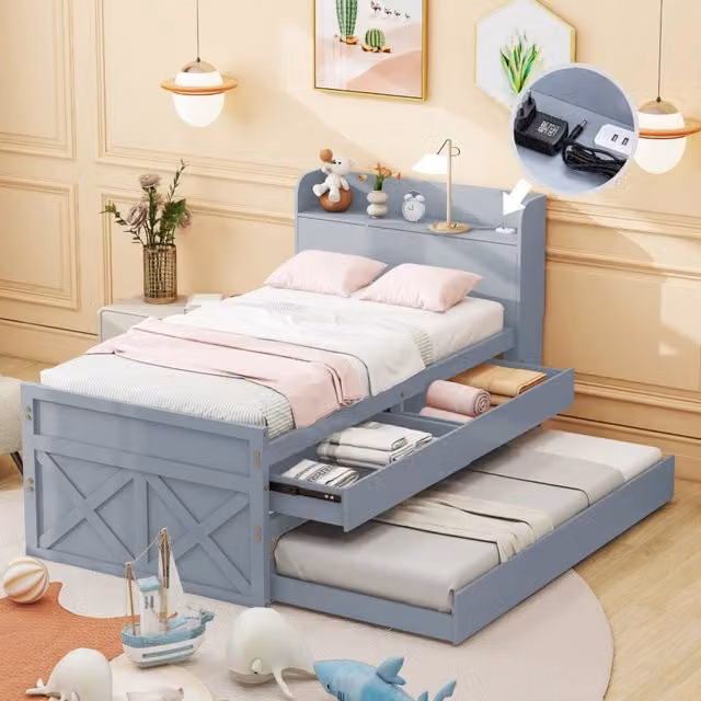 Letto singolo 90x190 cm in legno massello, letto estraibile con cassetti, comodino con vani portaoggetti e presa USB, grigio