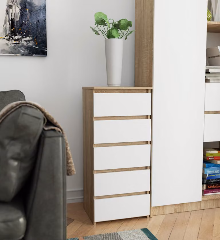 Comodino da 40 cm con 5 cassetti; mobile stretto; tavolino da 35 cm di profondità e 92 cm di altezza