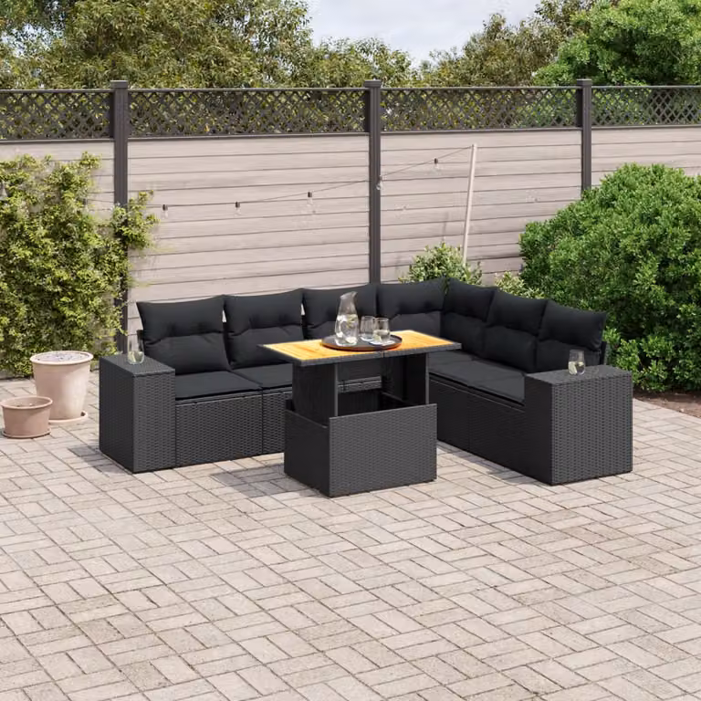 Set Divani da Giardino a L vidaXL in Polyrattan Nero con 7 Cuscini e Tavolino da Esterno