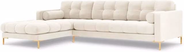 Divano angolare sinistro Bali di Cosmopolitan Design in velluto beige e oro con 5 posti e struttura in metallo