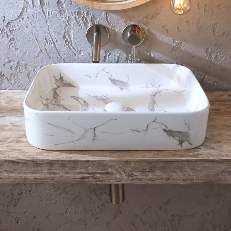 Lavabo d'Appoggio Rettangolare Effetto Marmo - 505mm x 370mm (Senza Fori per la Rubinetteria)