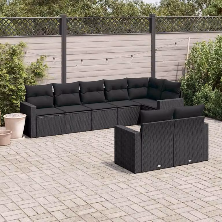 Set di Divani da Giardino vidaXL a Forma di L con 8 Cuscini, Polyrattan e Metallo Nero
