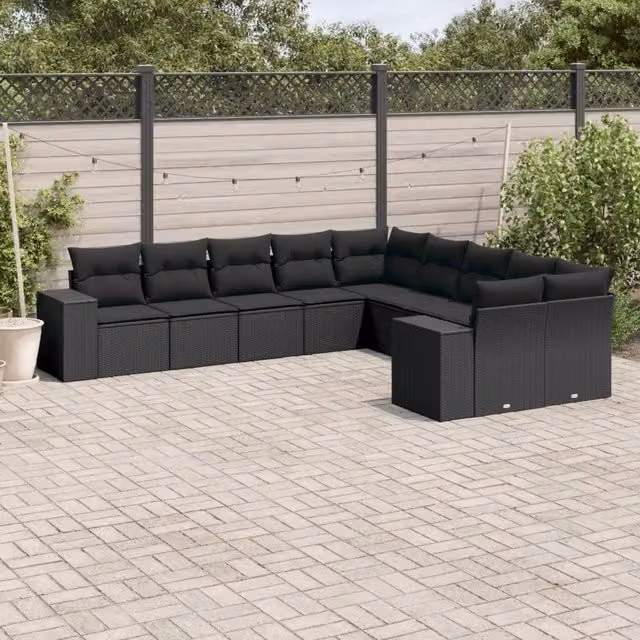 Set Divani da Giardino 10pz con Cuscini in Polyrattan Nero 3223104