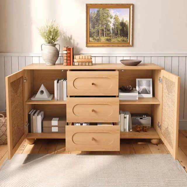 Sideboard 140 x 40 x 80 cm con 2 ante in intreccio di corda e 3 cassetti; naturale