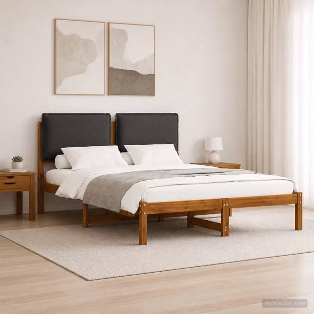 Letto moderno vidaXL in legno di acacia con testiera rivestita in tessuto beige e grigio, L/P/H: 120 x 200 x 85 cm