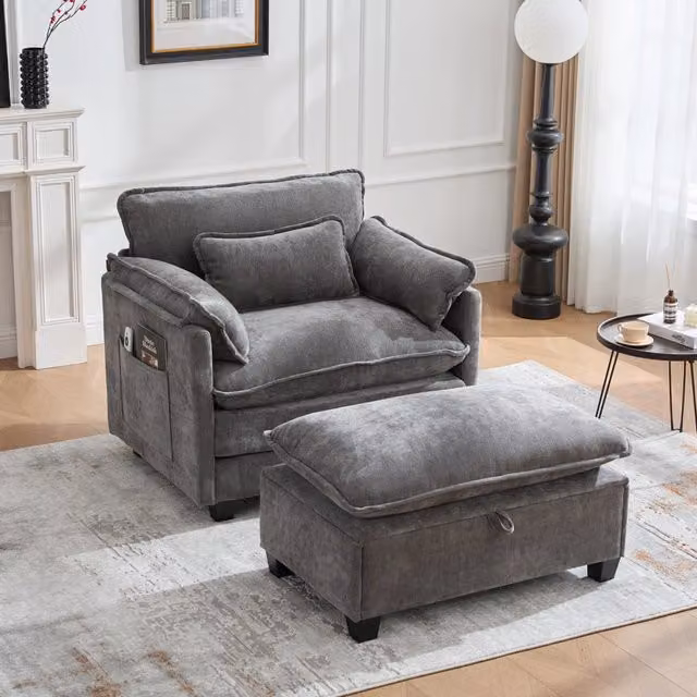 Poltrona relax modello tub con pouf contenitore in velluto grigio MIVRAY per soggiorno e camera da letto