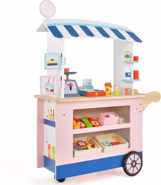 Carrello della spesa giocattolo in legno rosa con bilancia e ripiani per bambini DESIGN IN