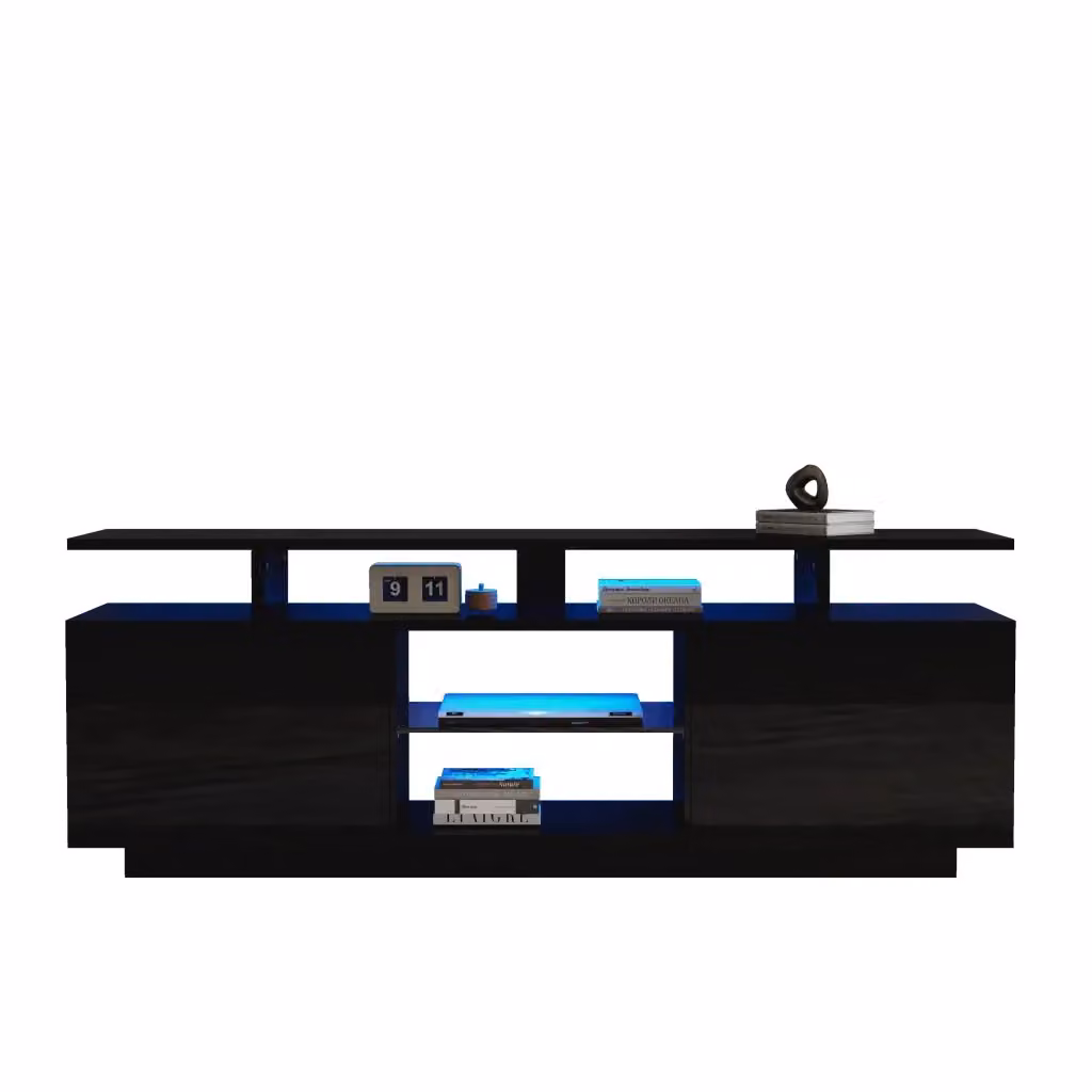 Mobile TV Minimal nero lucido con luci LED integrate e dettagli in vetro, L: 140 cm, P: 35 cm, H: 55 cm – 2