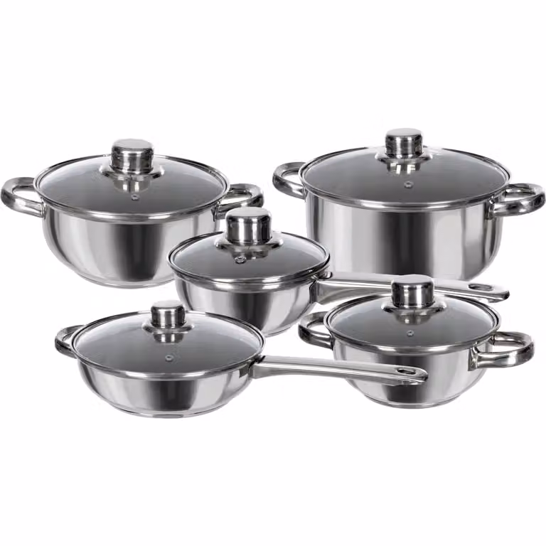 GUSTO CASA Set di pentole Linea Prestigiosa in acciaio e alluminio con coperchi in vetro, 10 pezzi, argento e trasparente