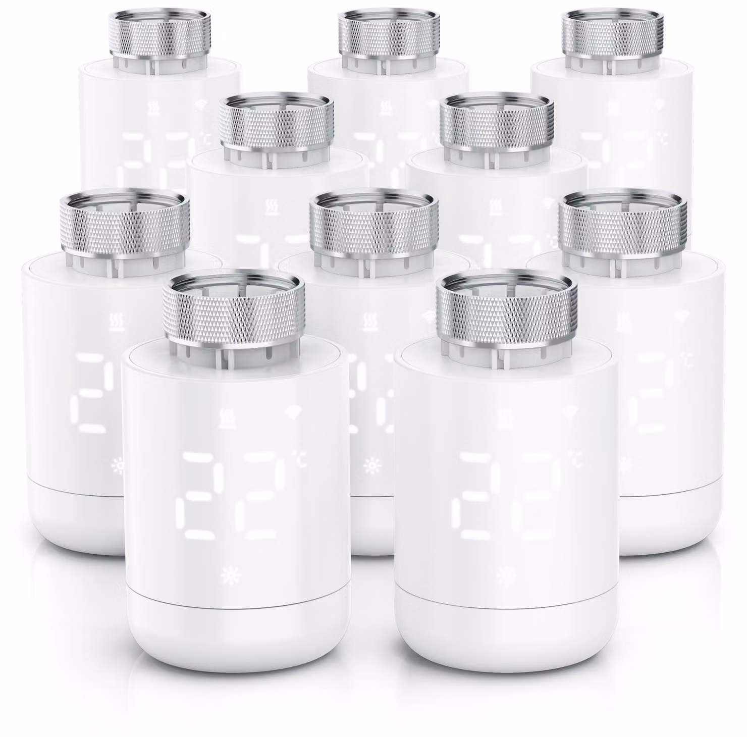 Set di 10 termostati per radiatori WLAN, con controllo tramite app, programmazione settimanale, display LED, manopola rotativa, rilevamento finestra aperta, protezione antigelo, termostato per riscaldamento, colore bianco