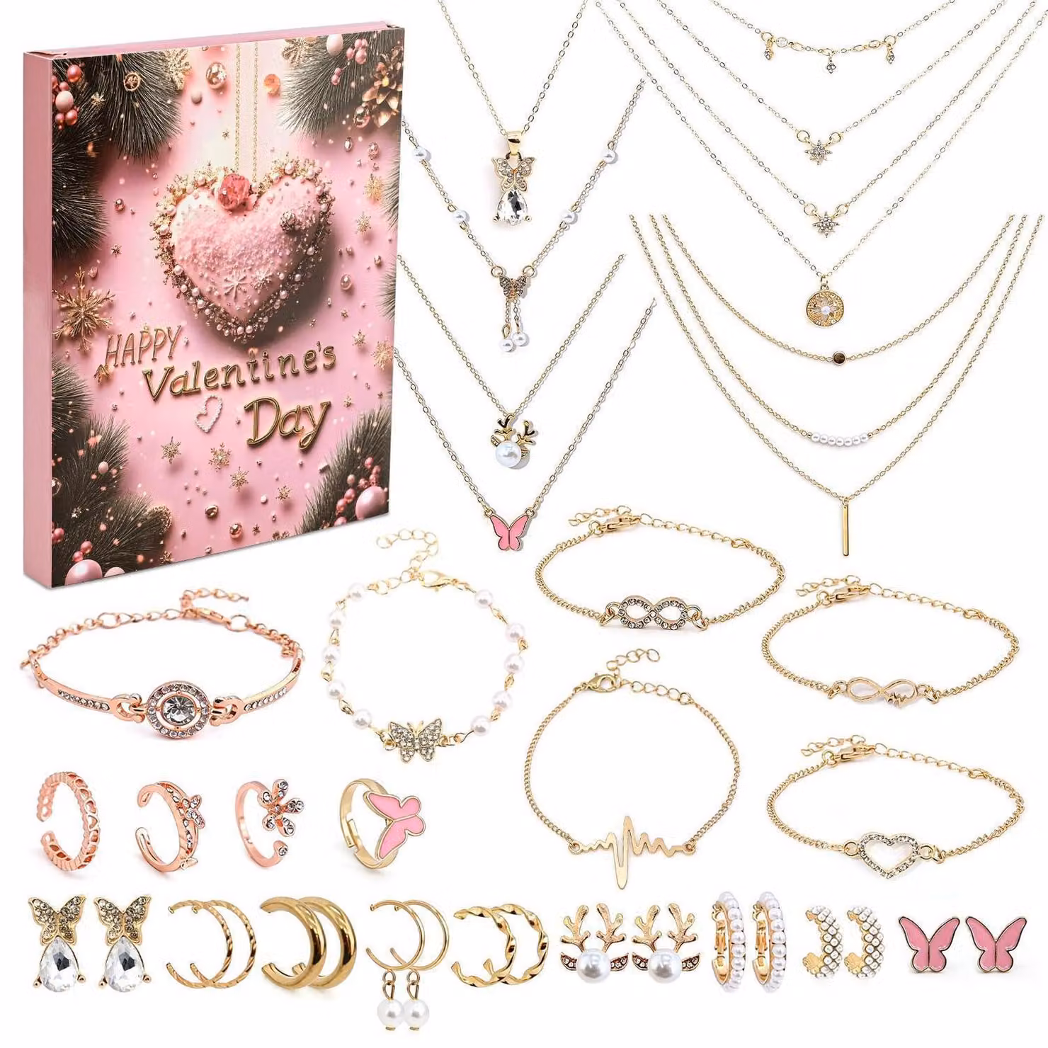 Calendario dell'Avvento con gioielli per il 2026, conto alla rovescia per San Valentino, 24 sorprese, bracciale, anelli, collana, set di gioielli