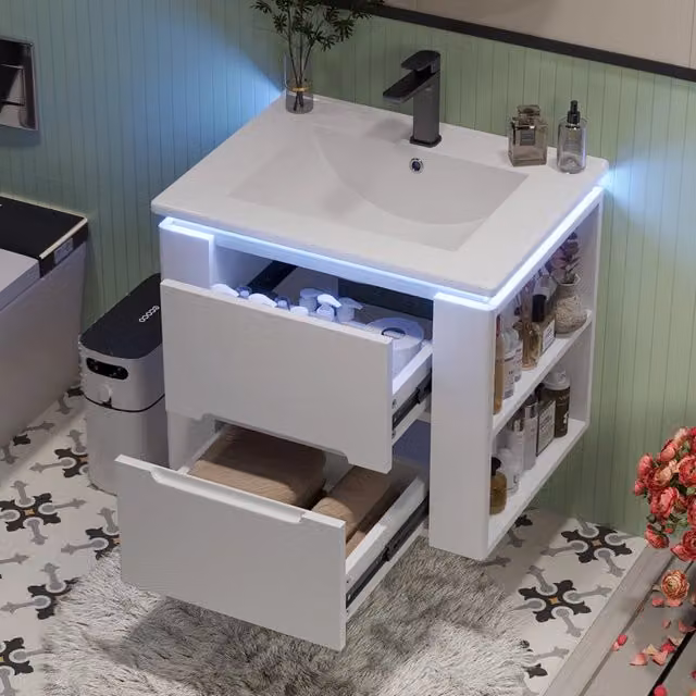 Mobile da bagno sospeso Minimal con lavabo in ceramica e illuminazione LED integrata, Bianco, L: 61 cm, P: 46 cm, H: 48.5 cm – 1