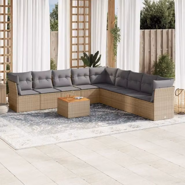 Set Divano da Giardino 10 pz con Cuscini Beige in Polyrattan 3223693
