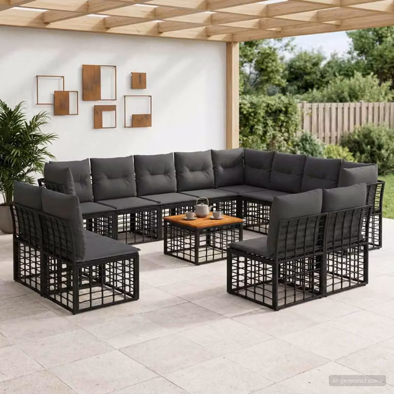 vidaXL Set di divani da esterno moderno a forma di U composto da 13 pezzi con tavolino e cuscini, Nero e Grigio