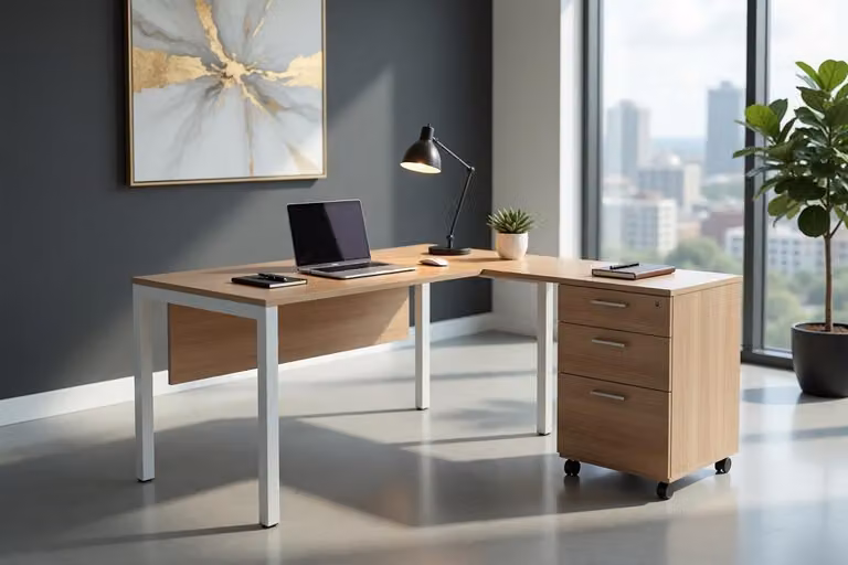 Scrivania da ufficio moderna con effetto legno, stabile, in metallo