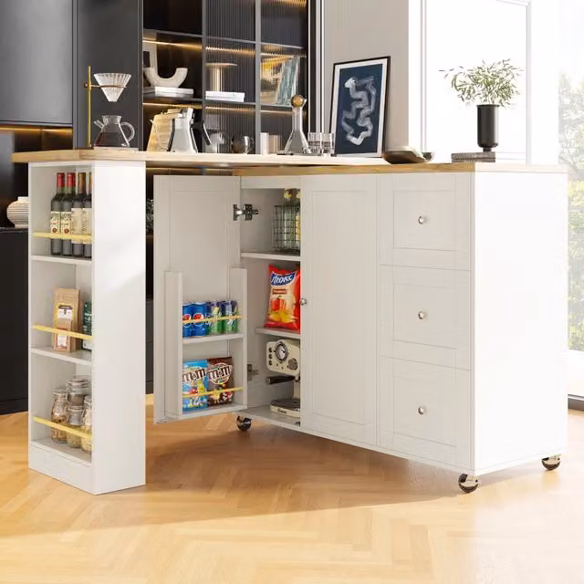 Tavolo Bar Girevole REDOM Bianco in MDF con Ripiani per Snack L: 203 cm, P: 39 cm, H: 104 cm