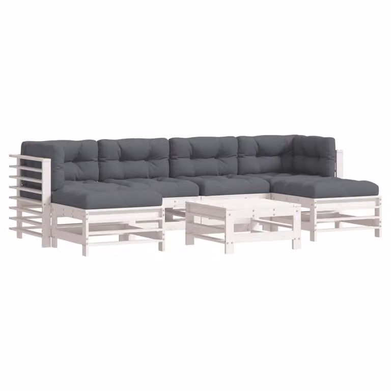 Set Divani da Giardino 7pz con Cuscini in Legno Massello Bianco