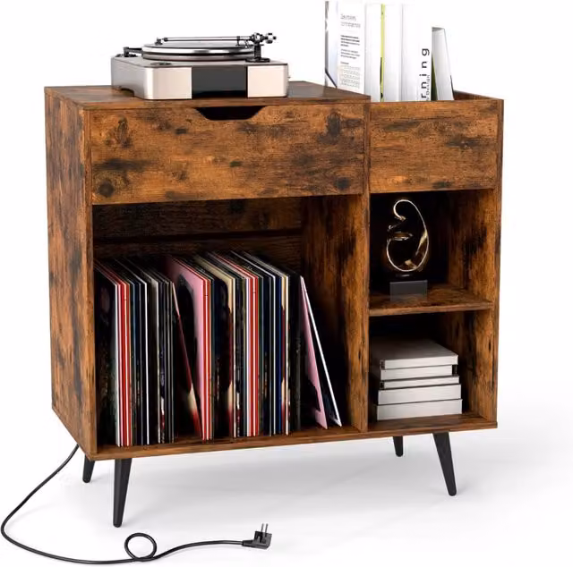 Tavolo per giradischi in legno e metallo con cassetto estraibile, design rustico marrone per soggiorno e camera da letto – 1