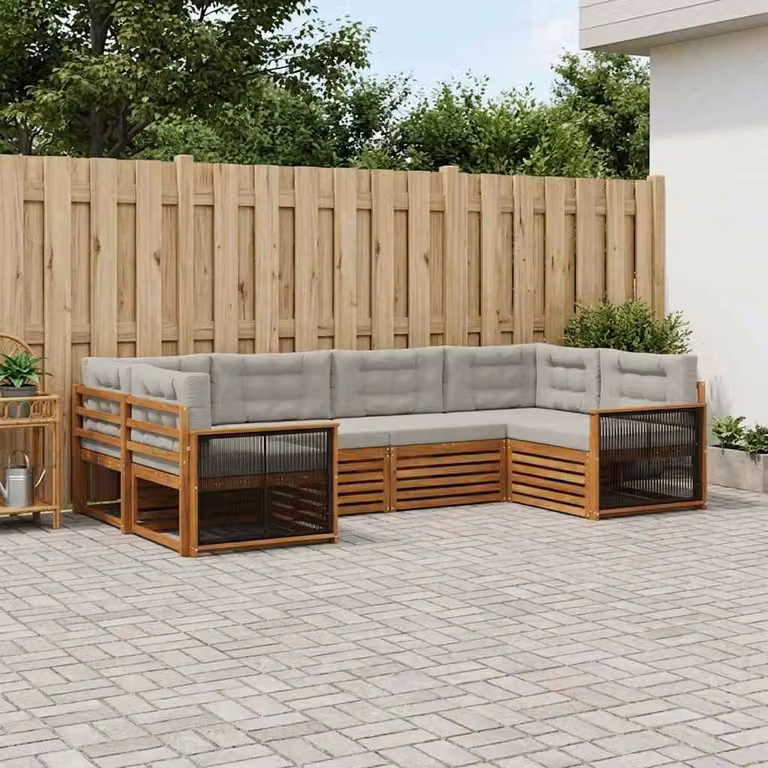 Set di divani da esterno vidaXL a forma di L in legno di acacia con cuscini, 6 pezzi, Beige e Grigio
